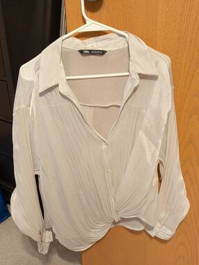 Zara Off-White Pleated Twist-Front Button Down Shirt